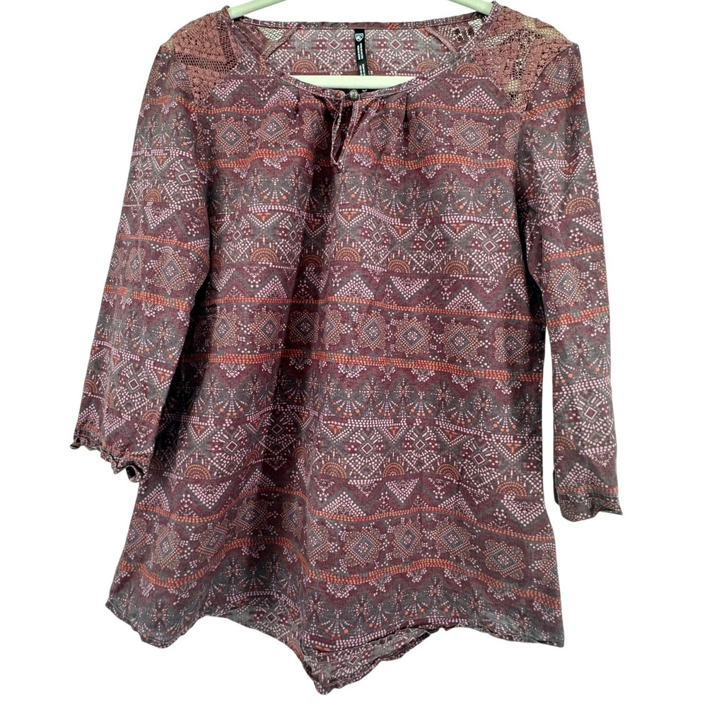 KUHL Blouse Womens S Burgundy Geometric Silk Blend Crochet Lace Top Boho Outdoor